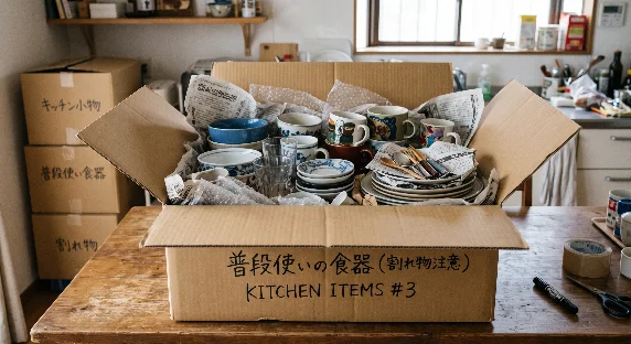 段ボールに詰めた普段づかいの食器
